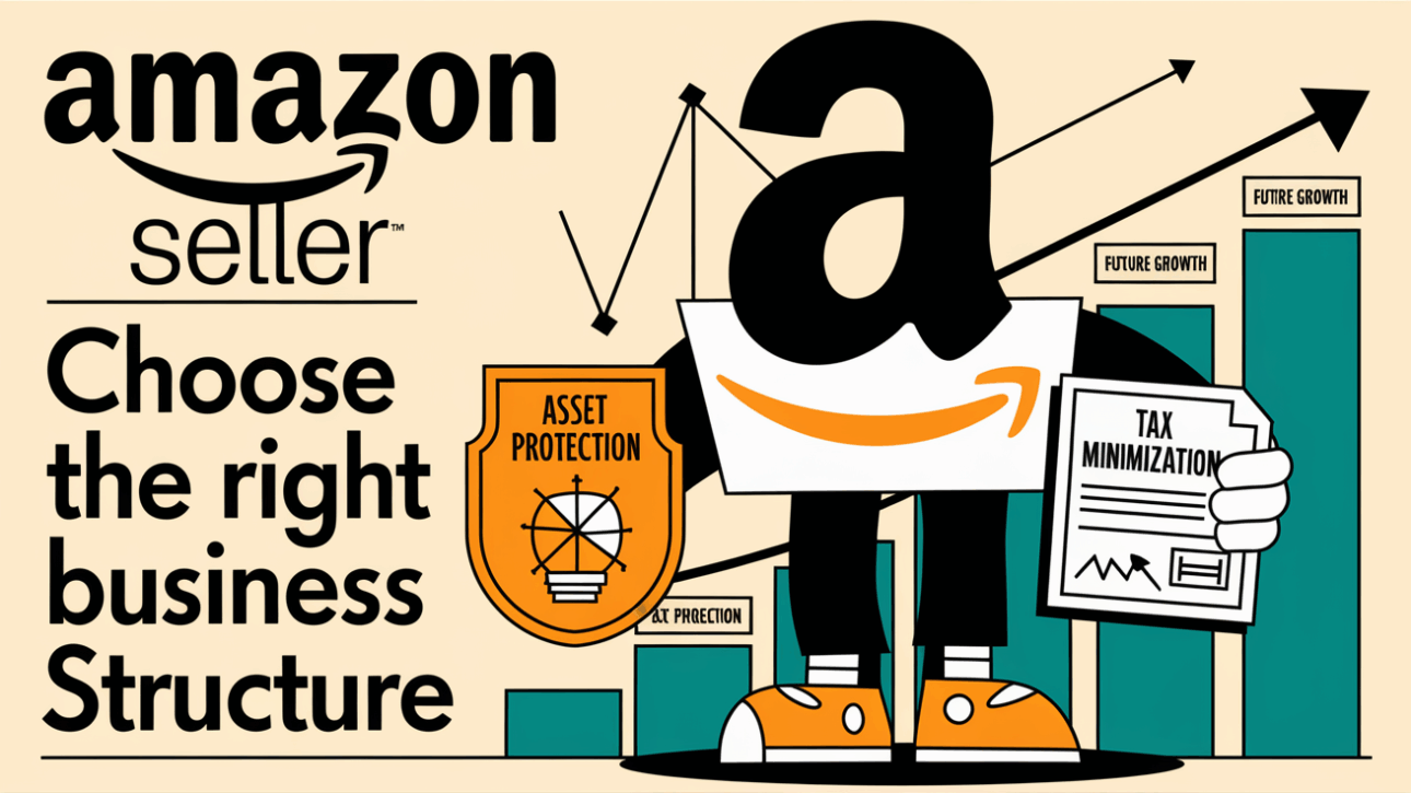 A vintage-style advertising illustration promoting the importance of choosing the right business structure for Amazon sellers.