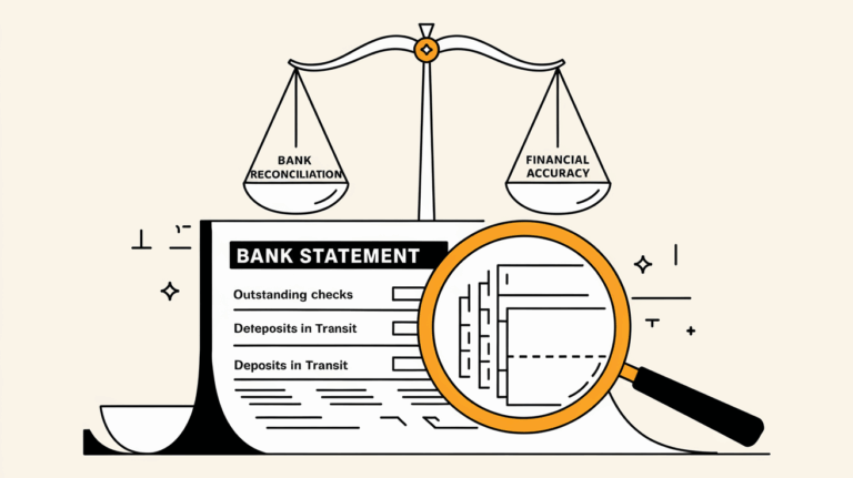 Vector line art of a magnifying glass inspecting a bank statement with a balanced scale in the background.