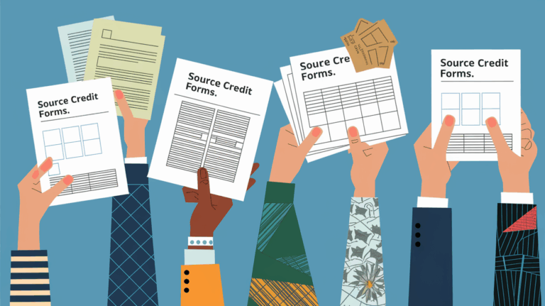 A collage of hands holding various tax credit forms.