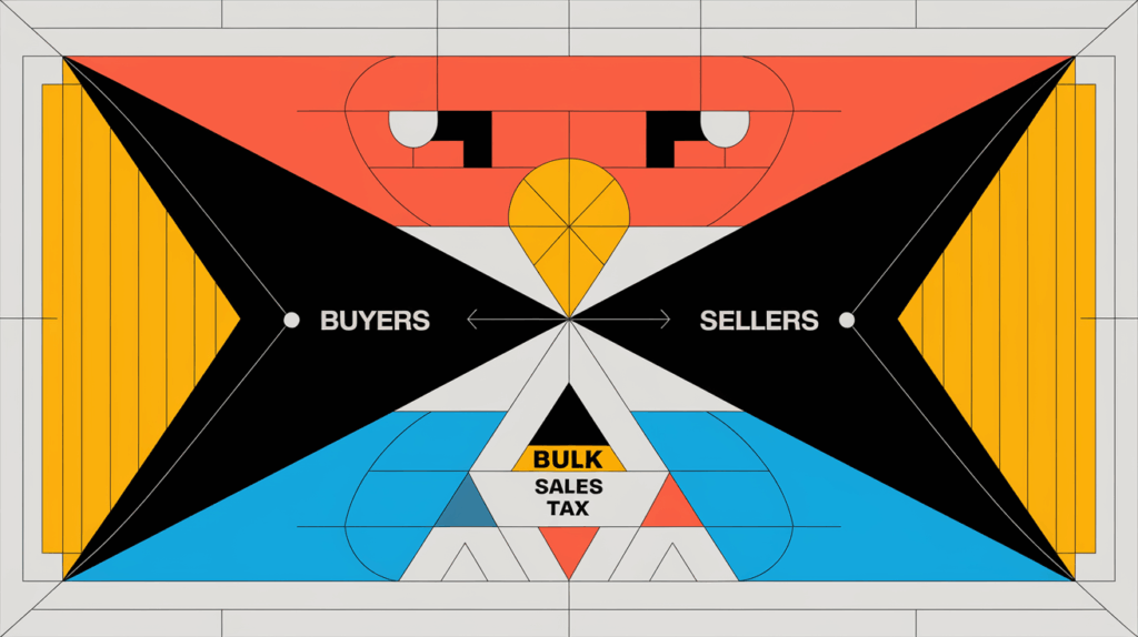 A geometric illustration with contrasting black and white shapes representing the balance between buyers' and sellers' responsibilities in a bulk sale, with "Bulk Sales Tax" integrated as a repeating pattern.