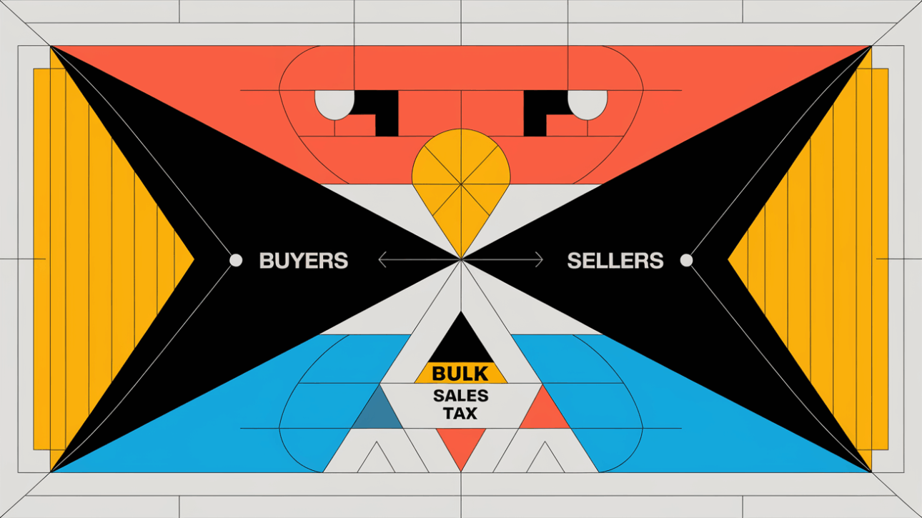 A geometric illustration with contrasting black and white shapes representing the balance between buyers' and sellers' responsibilities in a bulk sale, with "Bulk Sales Tax" integrated as a repeating pattern.