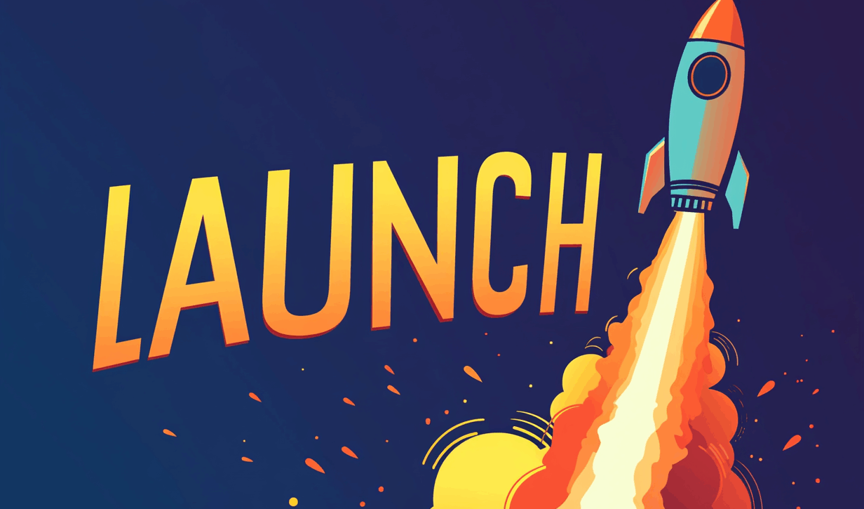 Line art rocket launching, leaving a smoke trail that says "LAUNCH"