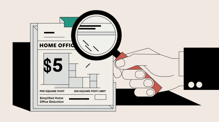 A hand holding a magnifying glass over a stylized home office deduction form.