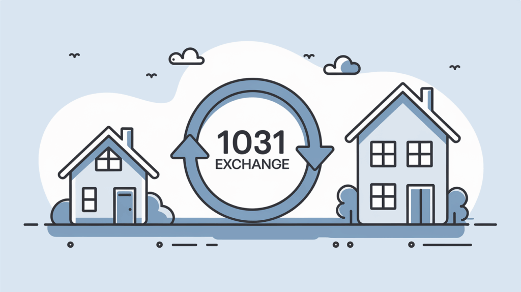 Line art of two houses connected by an arrow with the text "1031 Exchange."