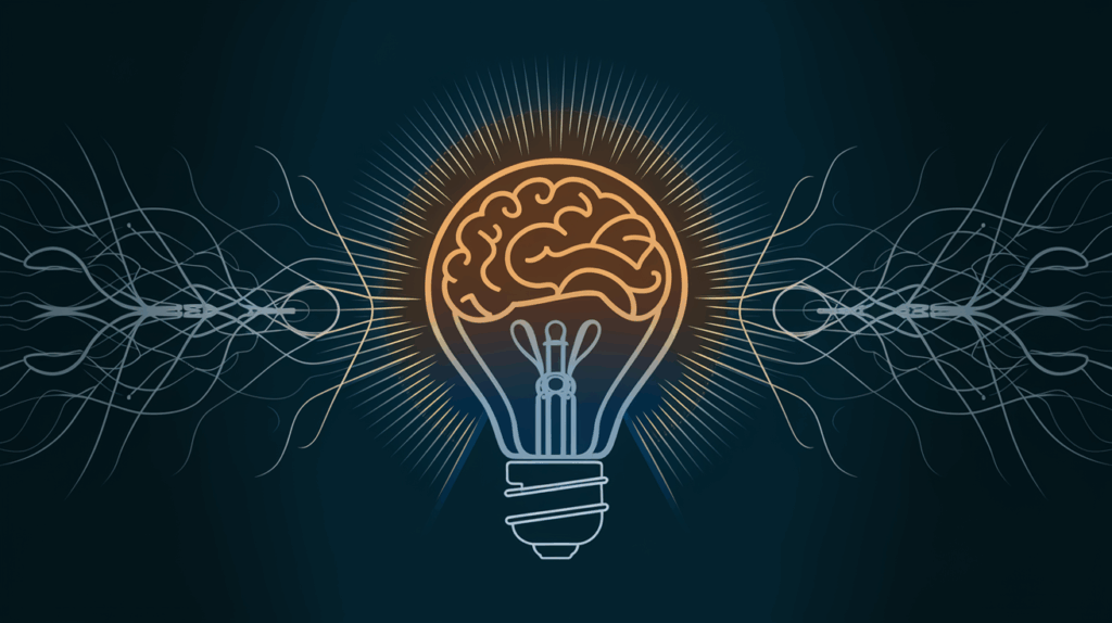 A glowing light bulb with a brain-shaped filament against a network of lines.