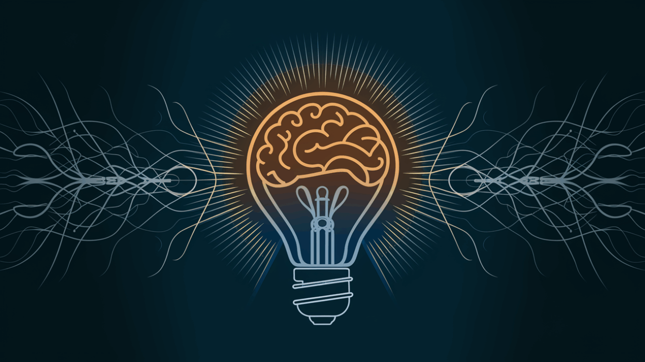 A glowing light bulb with a brain-shaped filament against a network of lines.