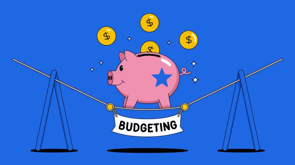 Block illustration of a piggy bank balancing on a tightrope with a "Budgeting" banner, symbolizing financial stability.
