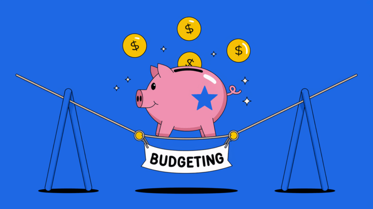Block illustration of a piggy bank balancing on a tightrope with a "Budgeting" banner, symbolizing financial stability.