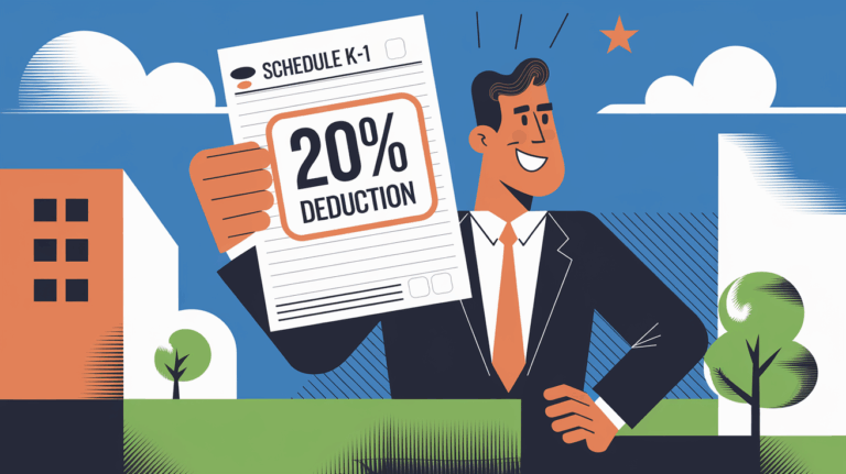 Business owner holding "Schedule K-1" with "20% QBI Deduction" highlighted.