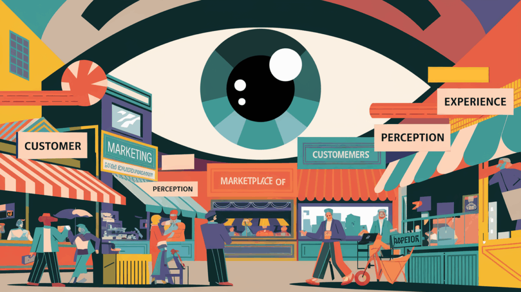 A large eye observes a busy marketplace with signs emphasizing "Customer," "Experience," and "Perception."