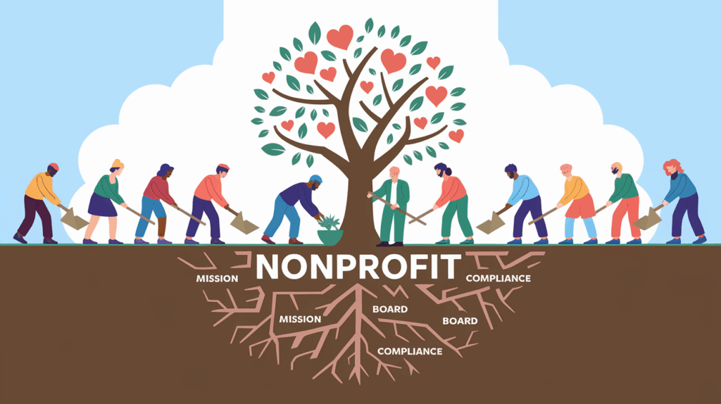 People planting a tree labeled "Nonprofit."