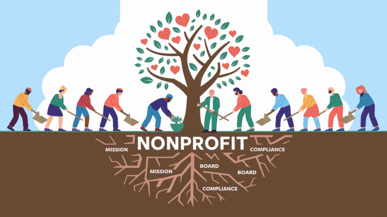 People planting a tree labeled "Nonprofit."