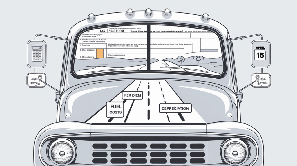 Line art truck with tax form reflection and road milestones for deductions.