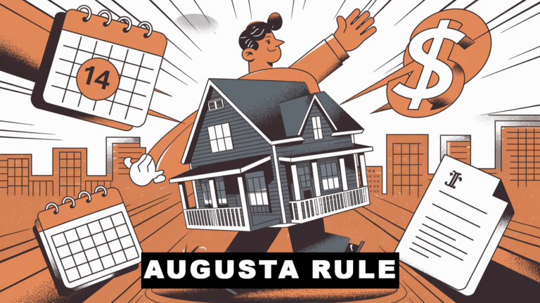 A graphic illustration of a homeowner juggling a house, calendar, dollar sign, and legal documents, representing the complexities of the Augusta Rule.
