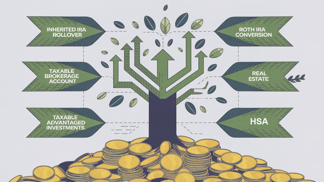 A stylized tree growing from coins, with branches representing reinvestment strategies for inherited IRAs.