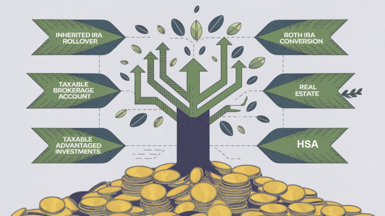 A stylized tree growing from coins, with branches representing reinvestment strategies for inherited IRAs.