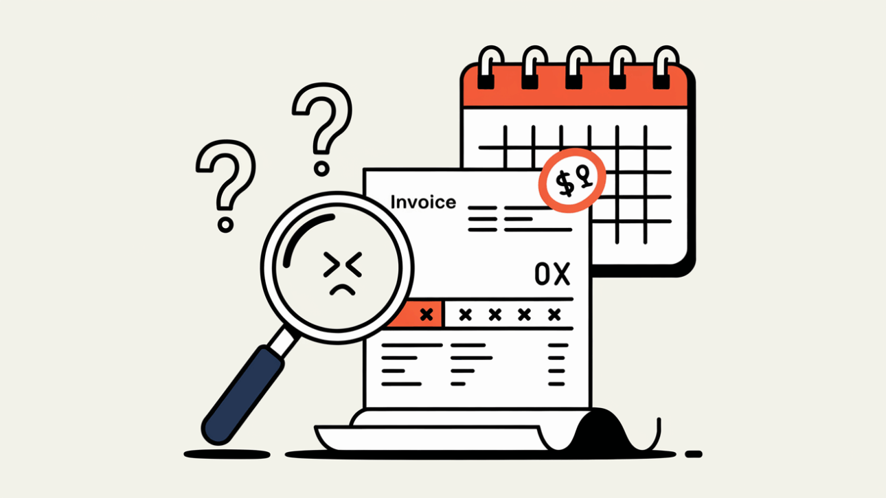Line art of a magnifying glass inspecting an invoice with errors
