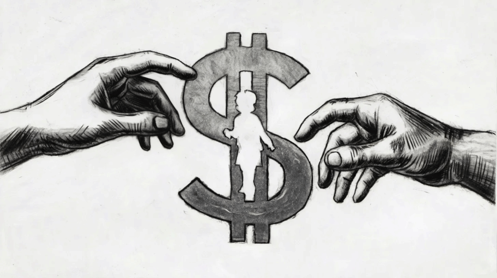 Two hands reaching towards a symbol representing the Child Tax Credit.