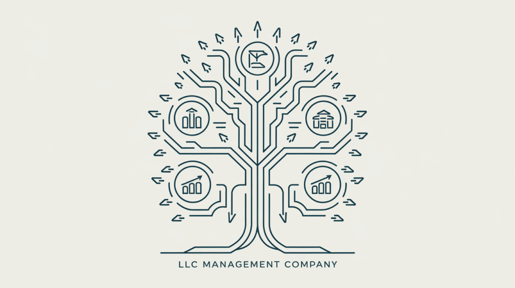A stylized tree diagram in vector line art representing an LLC management company consolidating resources from multiple business entities.