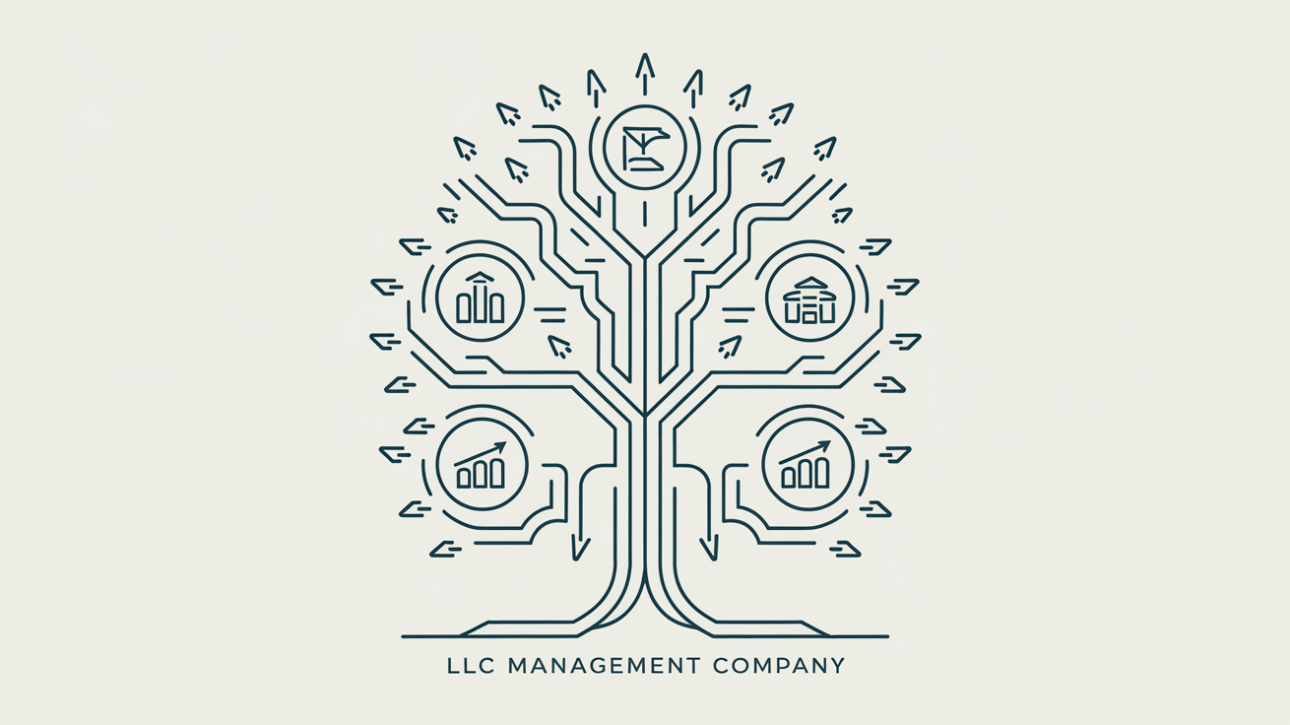 A stylized tree diagram in vector line art representing an LLC management company consolidating resources from multiple business entities.