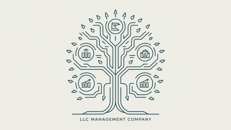 A stylized tree diagram in vector line art representing an LLC management company consolidating resources from multiple business entities.